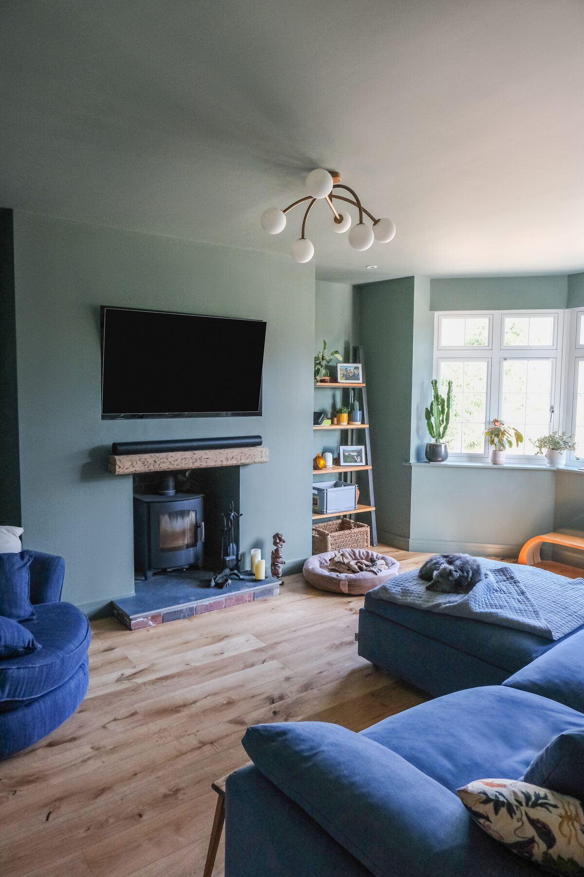 Interior showing lighting and finishes at Bell Barn Road renovation, Bristol