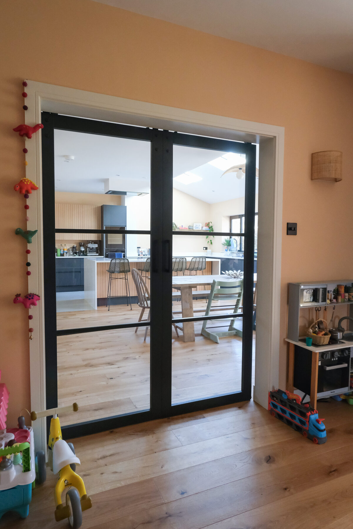 Interior showing lighting and finishes at Bell Barn Road renovation, Bristol