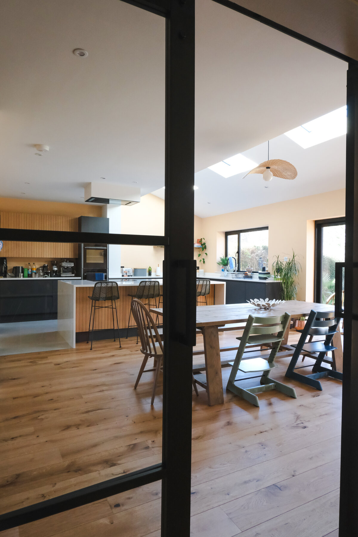 Interior showing lighting and finishes at Bell Barn Road renovation, Bristol