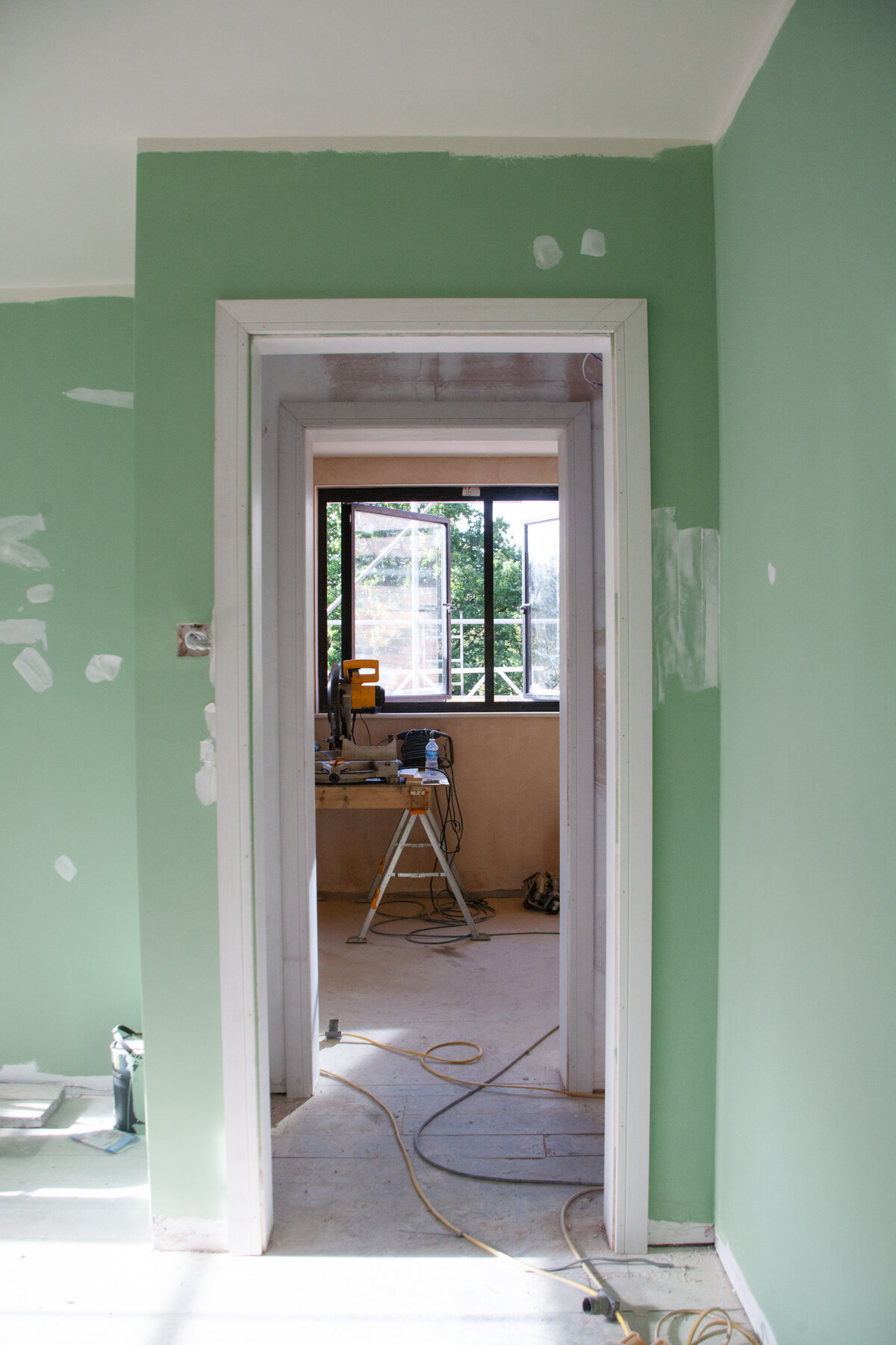 Hallway under renovation at Bell Barn Road, Bristol